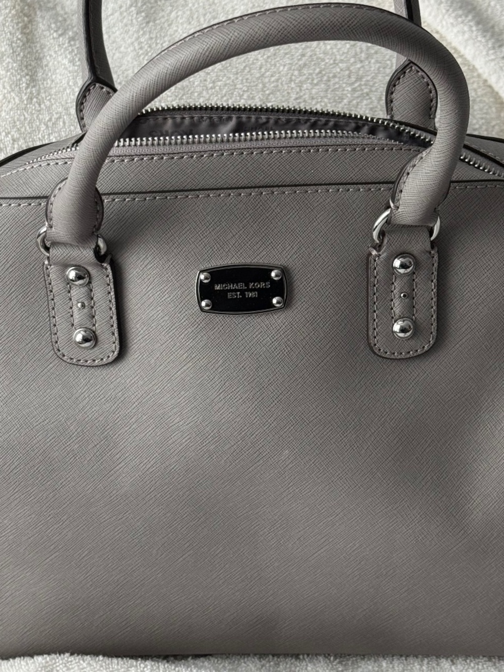 Michael Kors Satchel Crossbody Bag Gray Saffiano Leather Silver Hardware